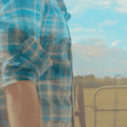 a man in a plaid shirt stands in front of a field