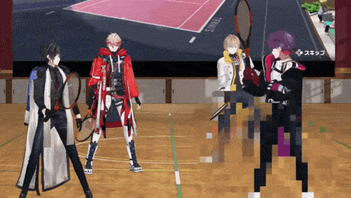 a group of anime characters standing on a tennis court
