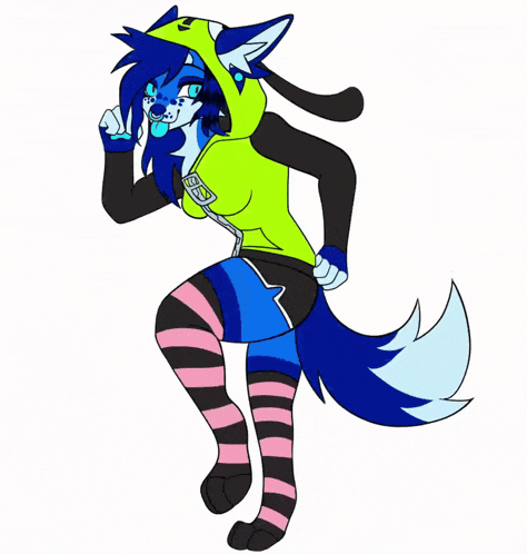 a cartoon drawing of a blue fox wearing a neon green hoodie