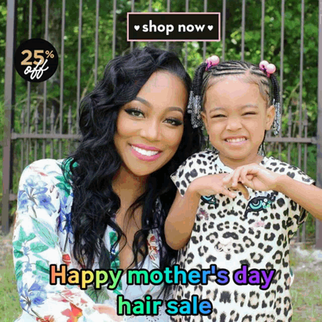 an advertisement for mother 's day hair sale shows a woman and child