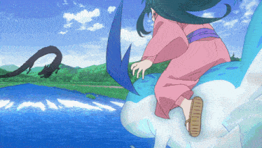 a girl in a pink kimono is riding on the back of a blue dragon