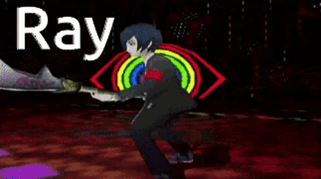 ray is a character in a video game and is holding a scythe