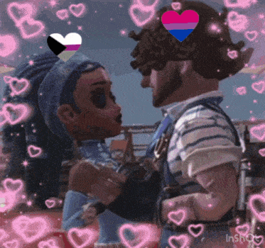 a man and a woman are standing next to each other and the man has a bisexual flag on his head .