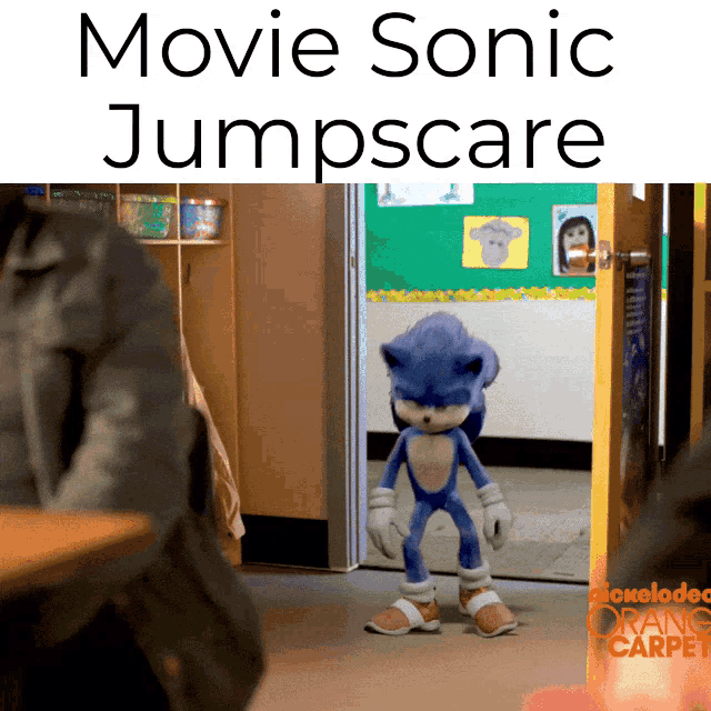 a poster for the movie sonic jumpscare with a picture of sonic in a doorway