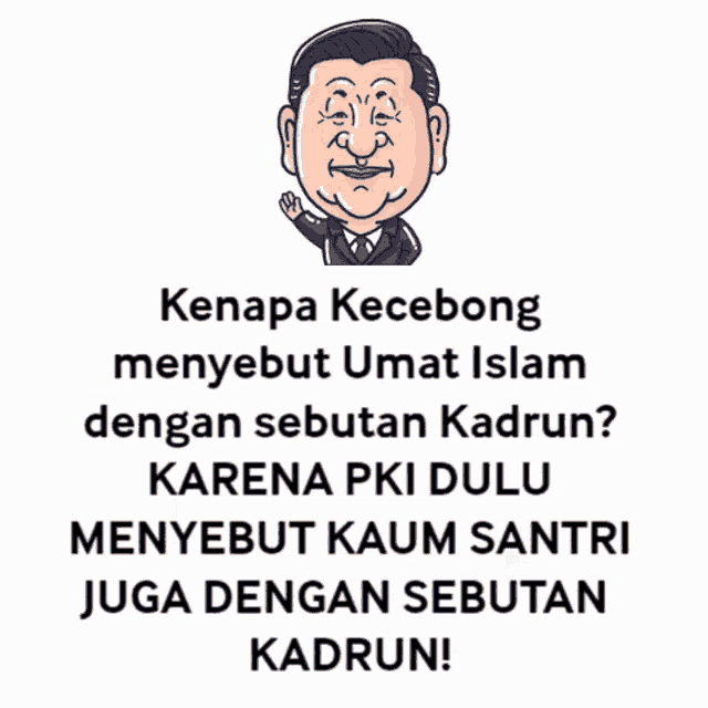 a cartoon of a man in a suit and tie with the words kenapa kecebong menyebut umat islam dengan sebutan kadrun
