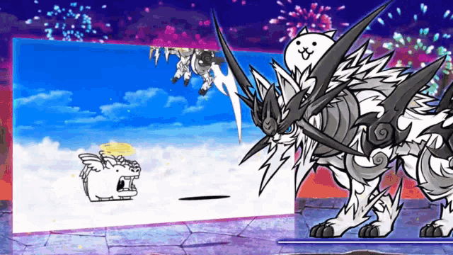a cartoon drawing of a dragon and a cat with fireworks behind them