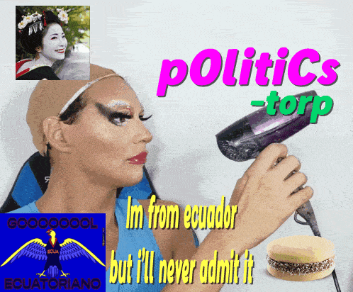 a picture of a woman holding a hair dryer with the words " politics torp " on the bottom
