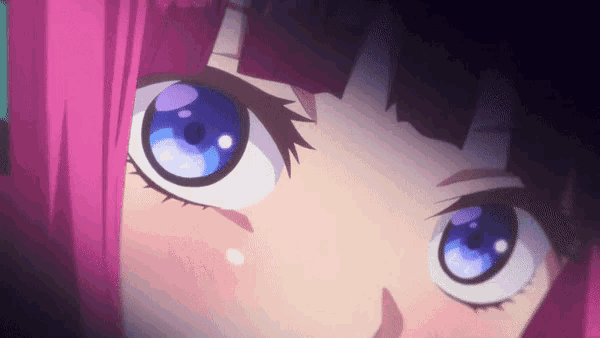 a close up of a girl 's eyes with pink hair and blue eyes