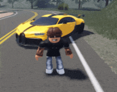 a roblox character standing next to a yellow car