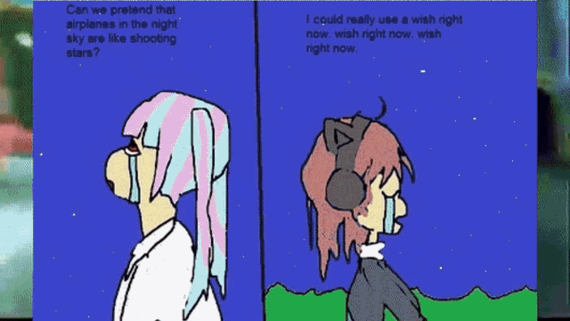 a cartoon of a girl with headphones and the words " can we pretend that airplanes in the night sky are like shooting stars " on top