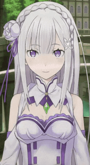 a white haired anime girl with purple eyes