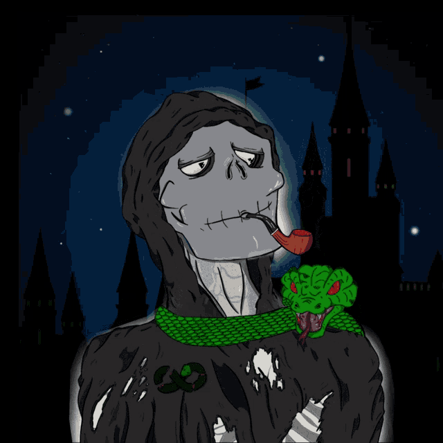 grim reaper smoking a pipe with a snake around his neck