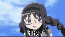 a girl with glasses is standing in front of a blue sky and says `` millish '' .