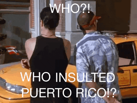a man and a woman are standing in front of a yellow car with the words who who insulted puerto rico