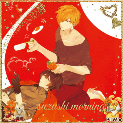 a picture of two anime characters with suzushi morning written on it
