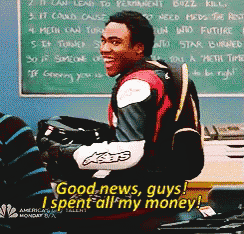 a man sitting in front of a chalkboard with the words good news guys i spent all my money