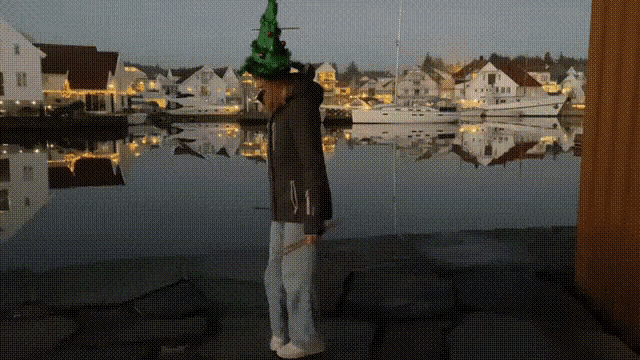 a person wearing a green christmas tree hat stands in front of a body of water