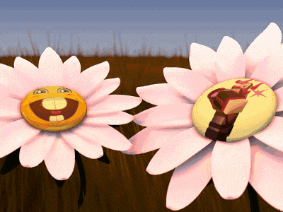 two flowers with smiley faces on them and one has a picture of a man on it