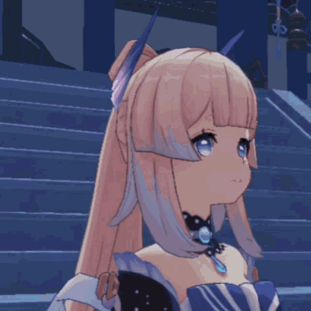 a girl with pink hair and blue eyes is wearing a choker