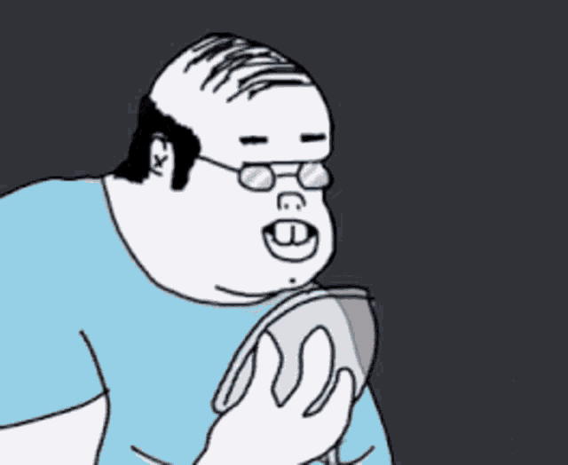 a cartoon of a bald man wearing glasses and a blue shirt with the letter s on his chest