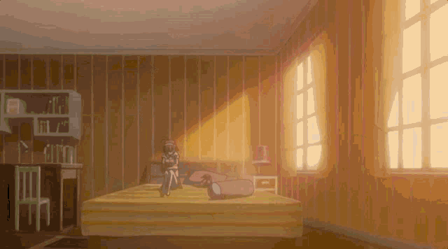a girl is sitting on a bed in a bedroom