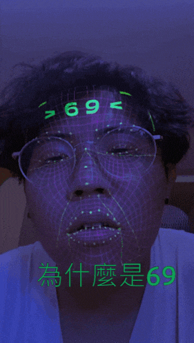 a person with glasses and a grid on their face with the numbers 69 on it
