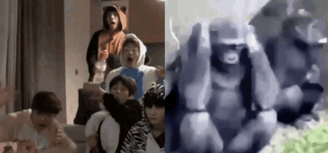 a group of people are standing next to each other in a room and one of them is wearing a bear costume .