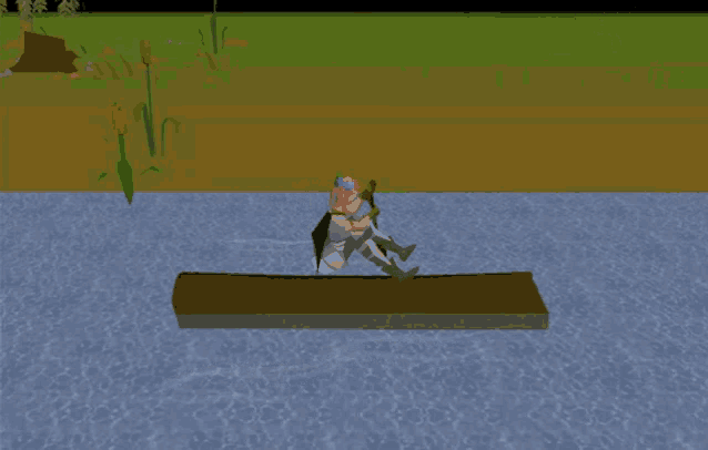 a computer generated image of a person laying on a wooden dock