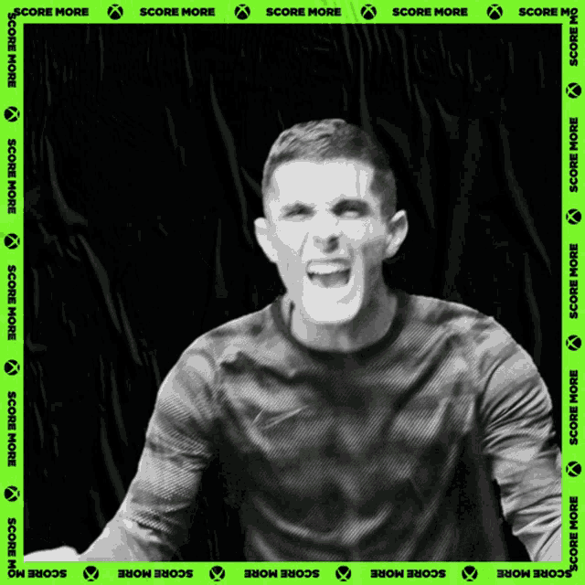 a black and white photo of a man screaming with score more written around him