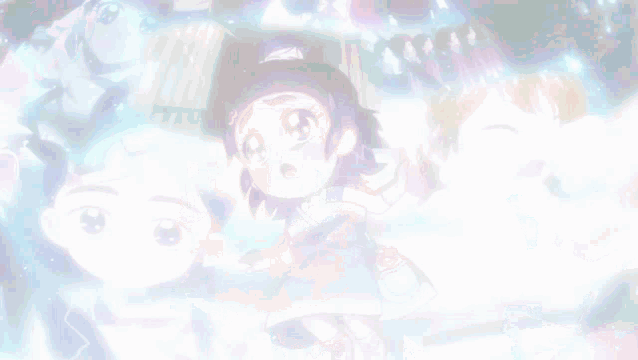 a little girl in a blue dress is surrounded by a bunch of other little girls