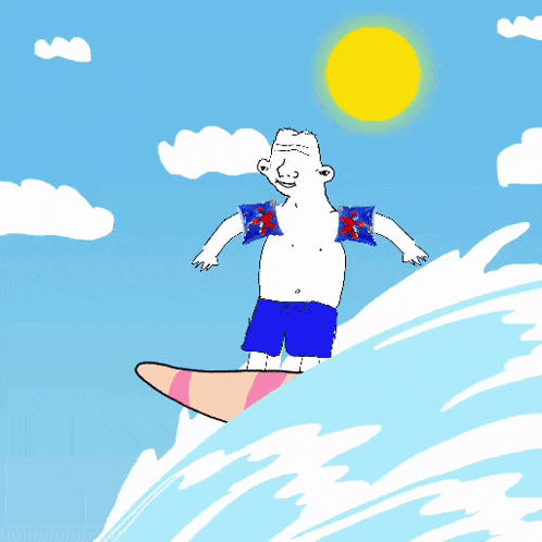 a cartoon of a man on a surfboard in the ocean