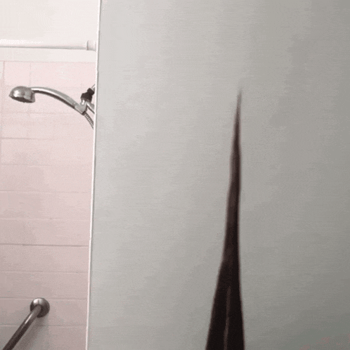 a shower head is visible through a shower curtain in a bathroom