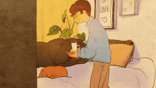 a drawing of a man petting a dog with a love sign behind them