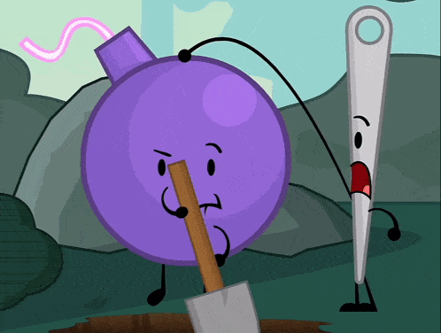 a cartoon character holding a shovel next to a needle