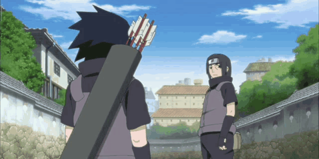 two anime characters standing next to each other with one carrying arrows