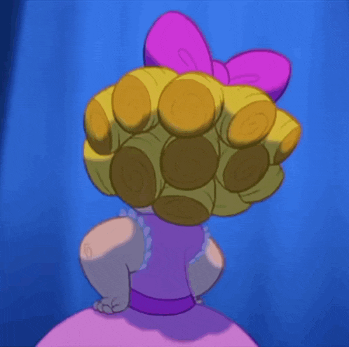 a cartoon girl with blonde hair and blue eyes is wearing a pink dress