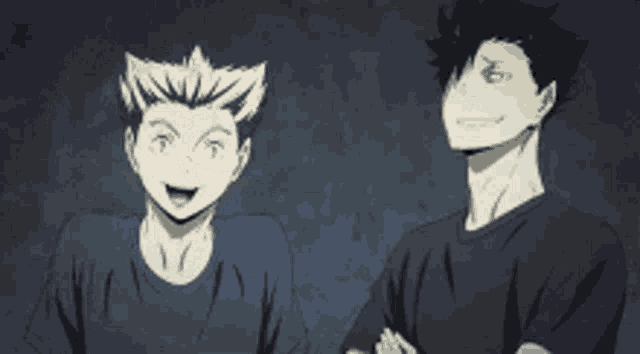 two anime characters are standing next to each other .