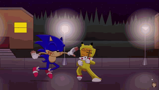a cartoon of sonic the hedgehog and pikachu fighting