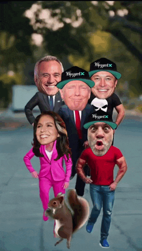 a group of people including donald trump and elon musk are standing next to a squirrel wearing a blizzard hat