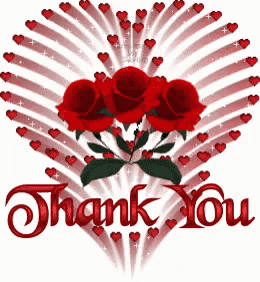 a thank you card with red roses and hearts on it