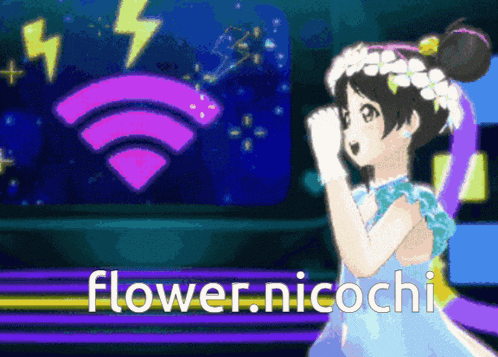 a girl with flowers in her hair is standing in front of a sign that says flower niocchi