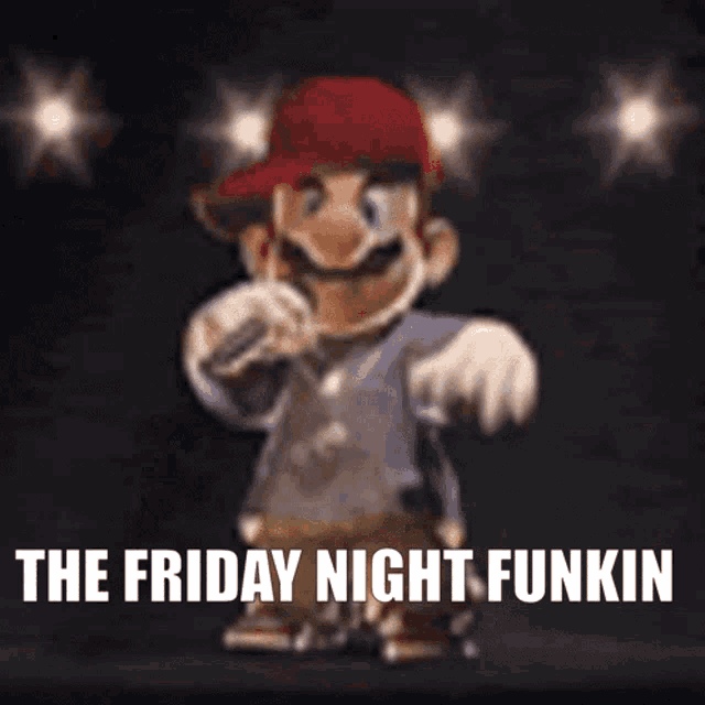 a blurred image of mario holding a microphone with the words the friday night funkin above him