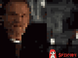 a pixelated image of a man 's face with the word spyk4g4 in red