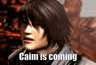 a close up of a person 's face with the words " caim is coming " on it
