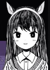 a black and white drawing of a girl wearing a headband with cat ears