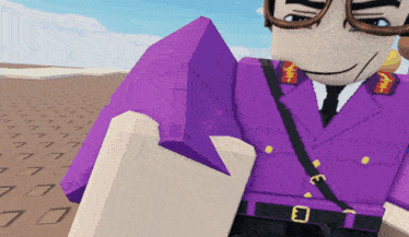 a cartoon character is wearing a purple uniform and glasses