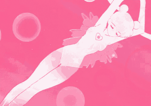 a drawing of a woman laying on a pink surface with bubbles around her