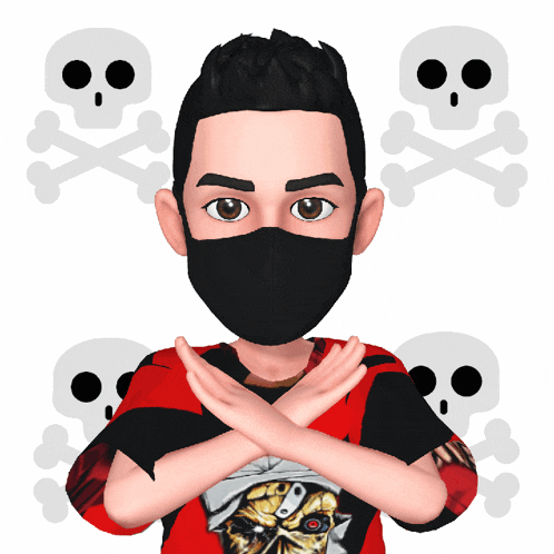 a cartoon character wearing a black mask with crossed arms in front of skulls