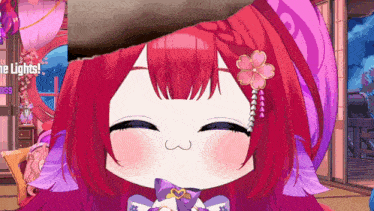 a cartoon girl with red hair and a flower in her hair is smiling