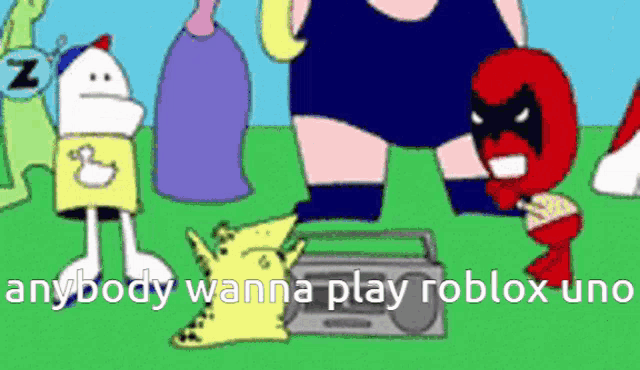 a group of cartoon characters are standing around a boombox with the words " anybody wanna play roblox " written on the bottom